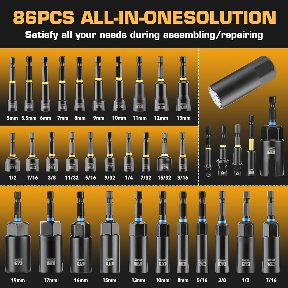 Magnetic Impact Nut Driver Set, Metric & SAE Driver Bit Set with Socket Adapters