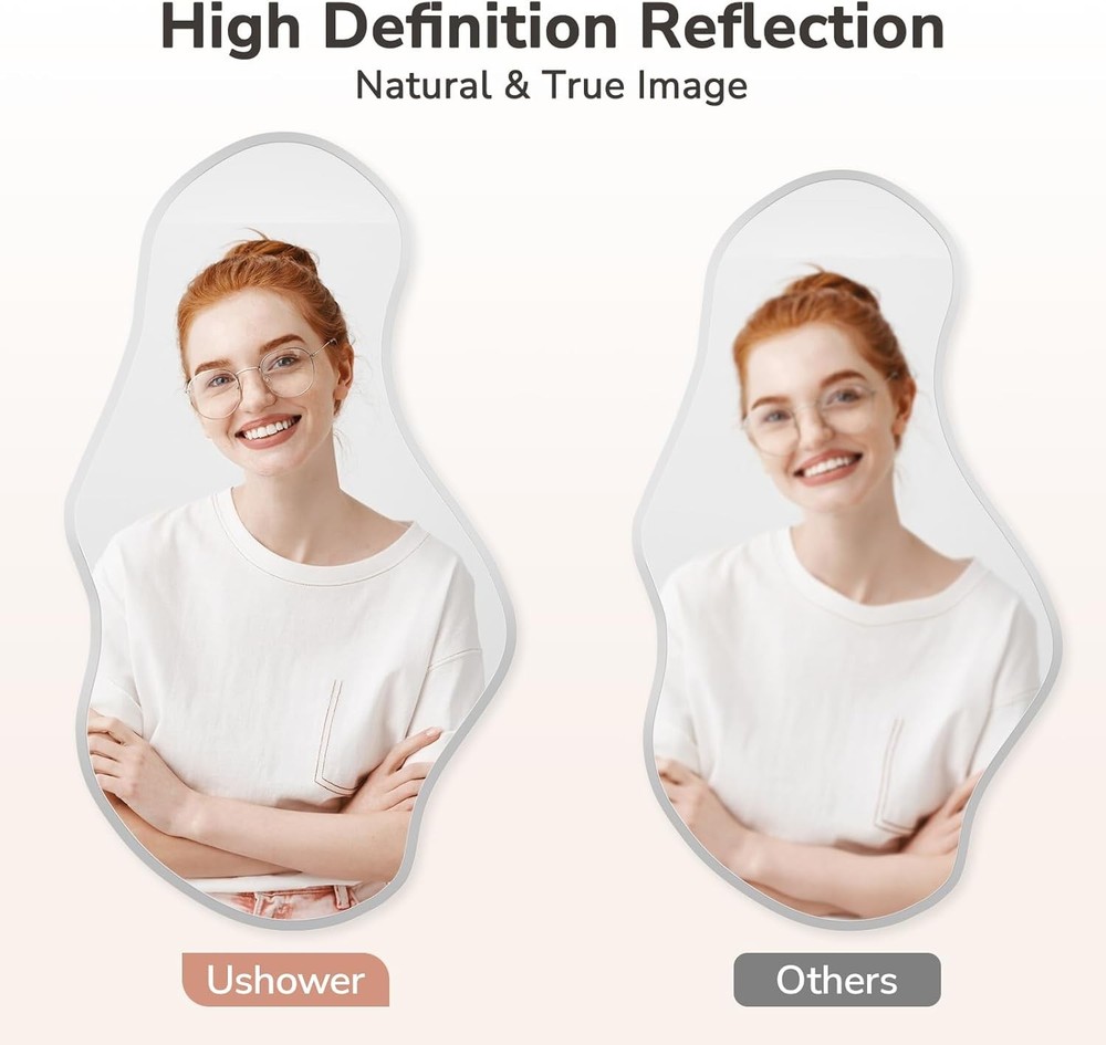 USHOWER Irregular Wall Mirror 20"x36" Frameless Wavy Beveled Decorative Mirror