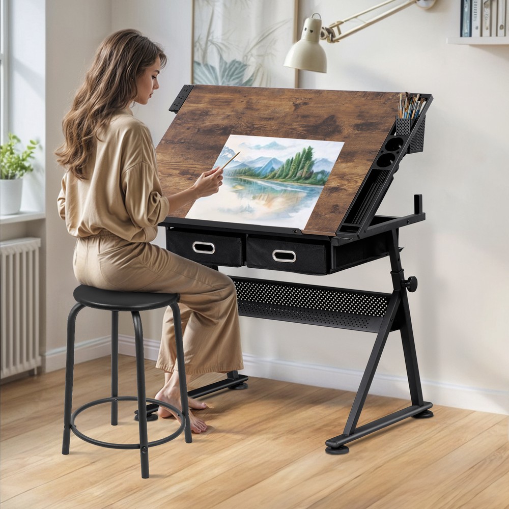 Adjustable Drafting Table Tilting Drawing Desk w/Charging Station & Stool Retro
