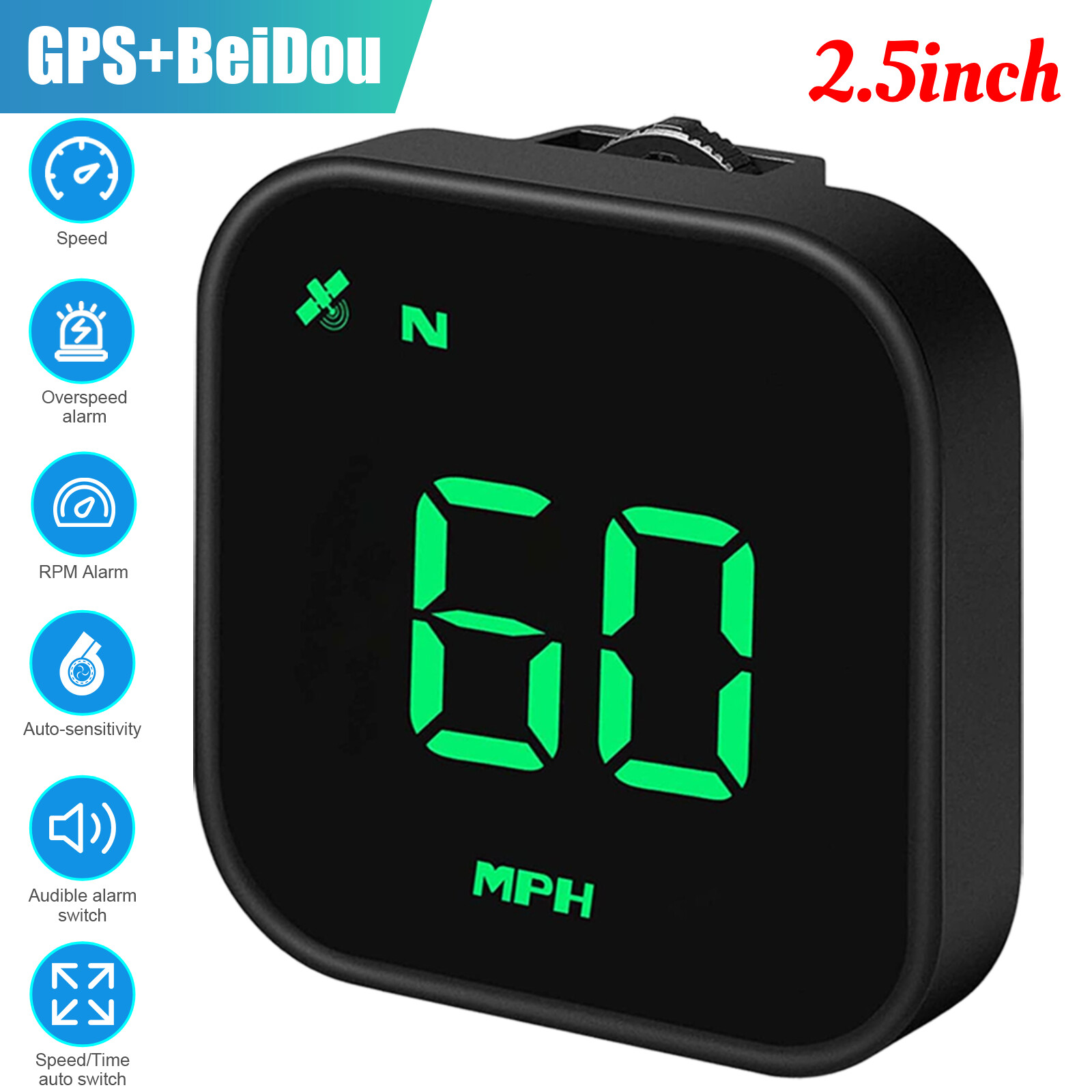 Digital GPS Speedometer Car HUD Head Up Display MPH KMH Compass Overspeed Alarm