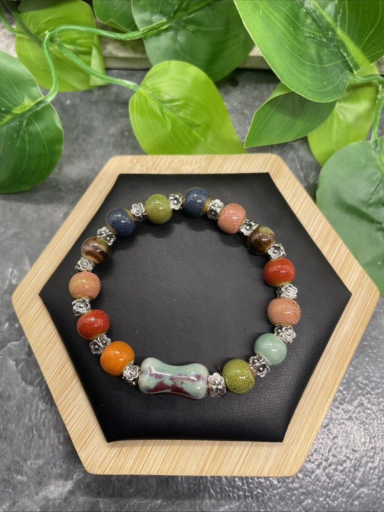 Handmade Ceramic Bead Beaded Stackable 6” Plus Stretch Bracelet New B219