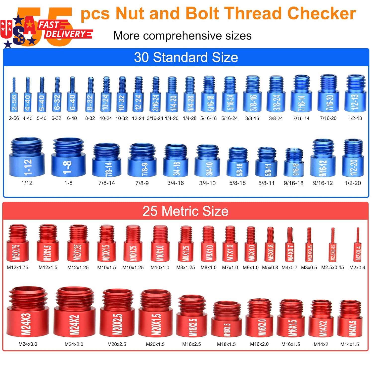 55Pcs Nut and Bolt Thread Checker 25 Metric + 30 SAE Inch Thread Gauge Set, Deta