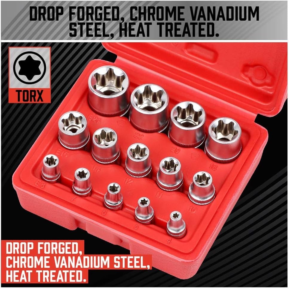 14-Piece E-TORX Socket Set - Female Torx Socket Set, Ultimate Torque Star So...