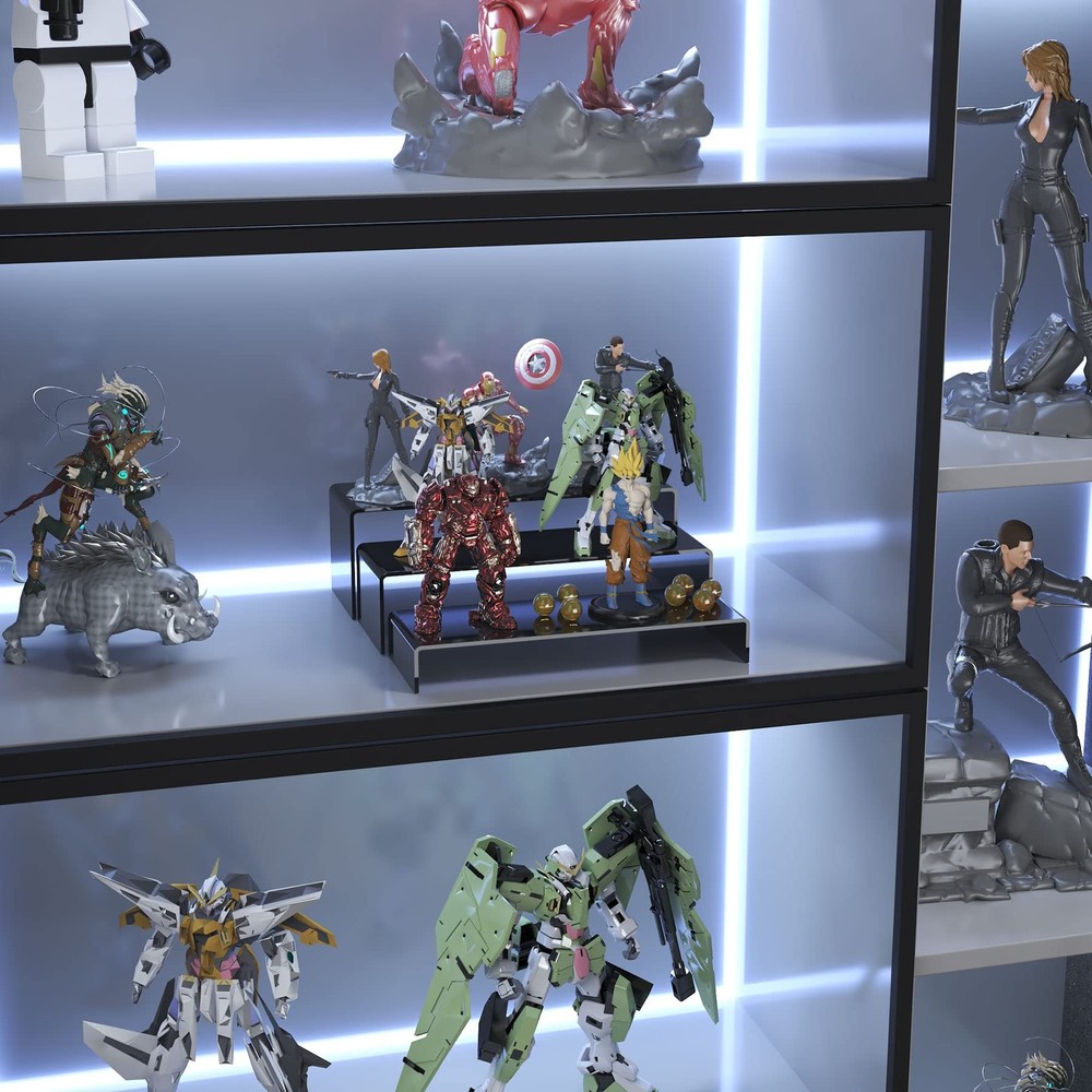 6PCS LARGE ACRYLIC RISERS BLACK RECTANGULAR SHOWCASE COLLECTIBLES DISPLAY SHELF