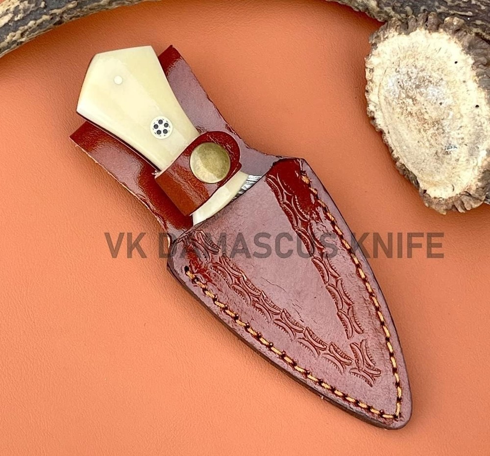 Damascus Small Fixed Blade Neck Knife with Sheath, Handmade Double Edge Dagger