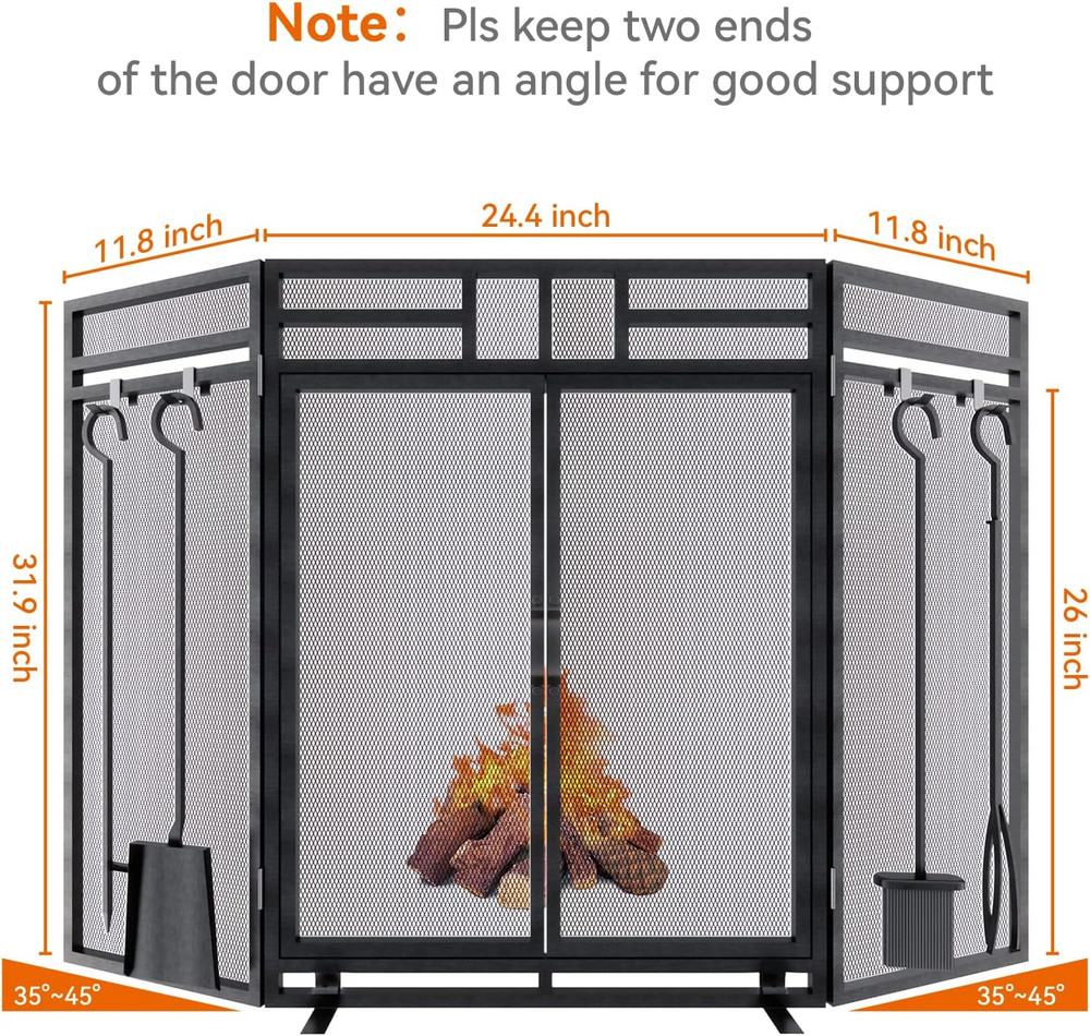 Fireplace Screen with Doors and Tools Set,3 Panel Foldable Metal Fireplace Guard