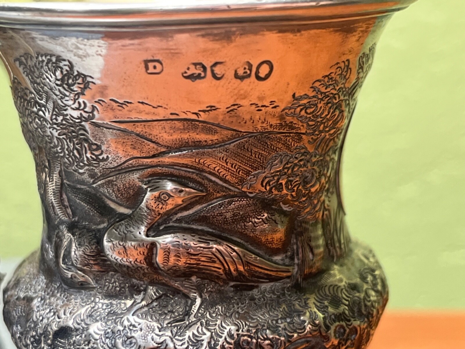 1837 English Sterling Silver Christening cup mug hunting pheasants bird repousse