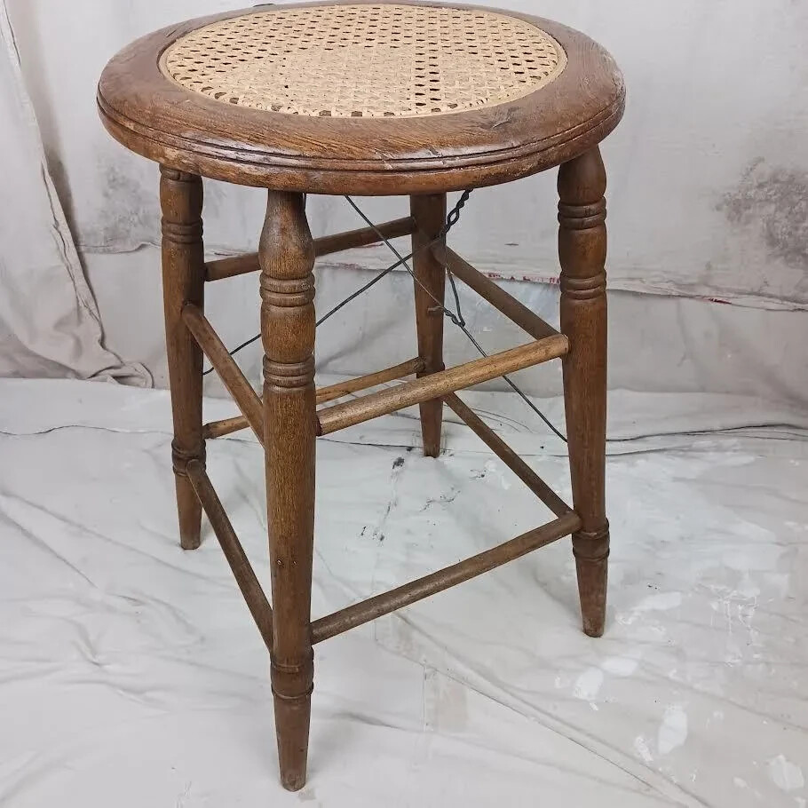 Antique Cane And Wood Stool With Wire Support