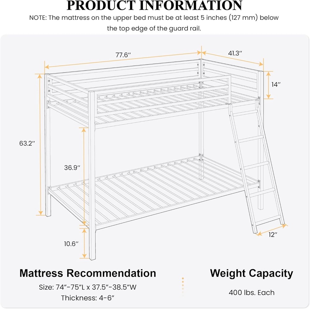 Loft Bunk Bed Twin Black with Ladder