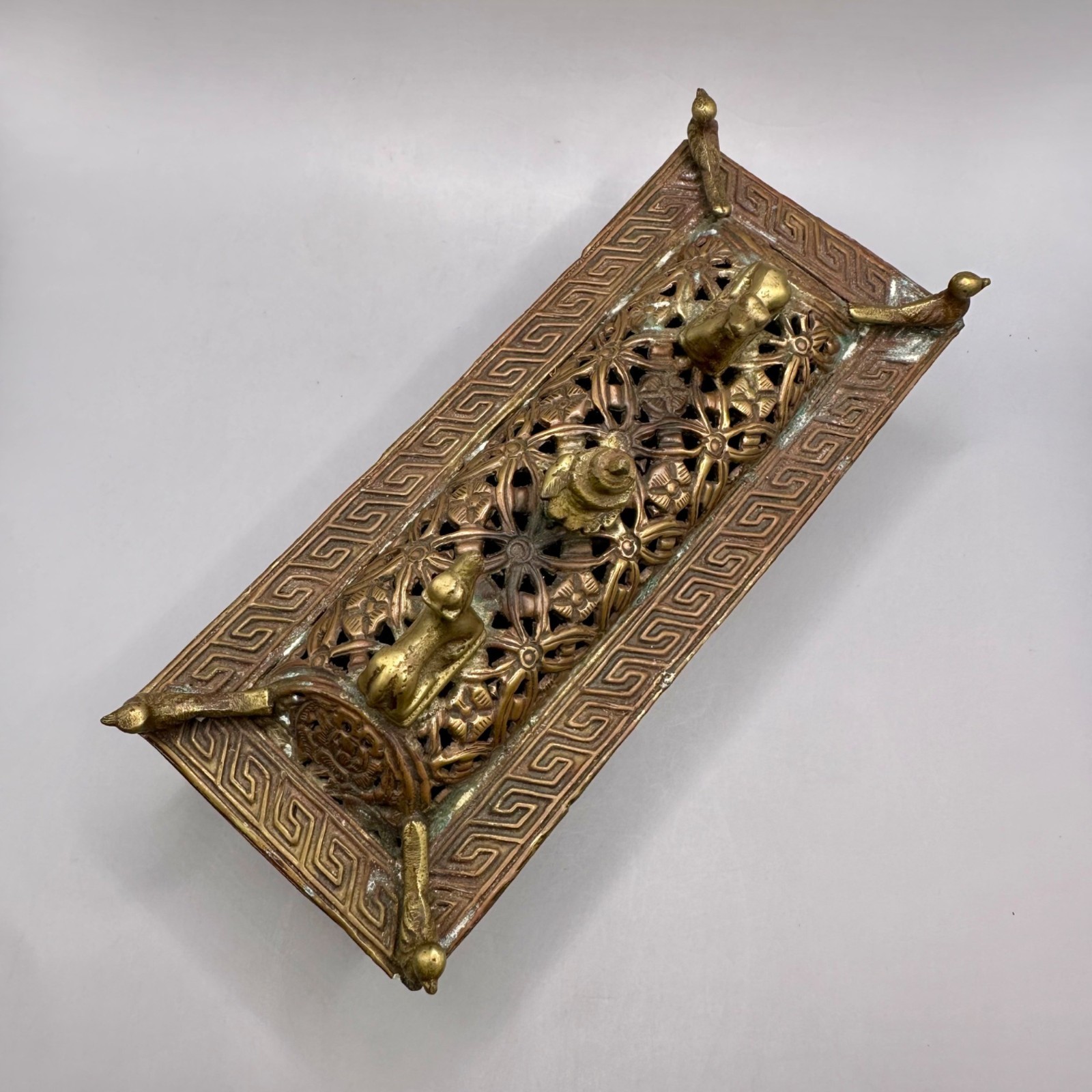 Nepal Tibetan Buddhist Incense Burner Brass & Copper Animal Finials Birds Motifs