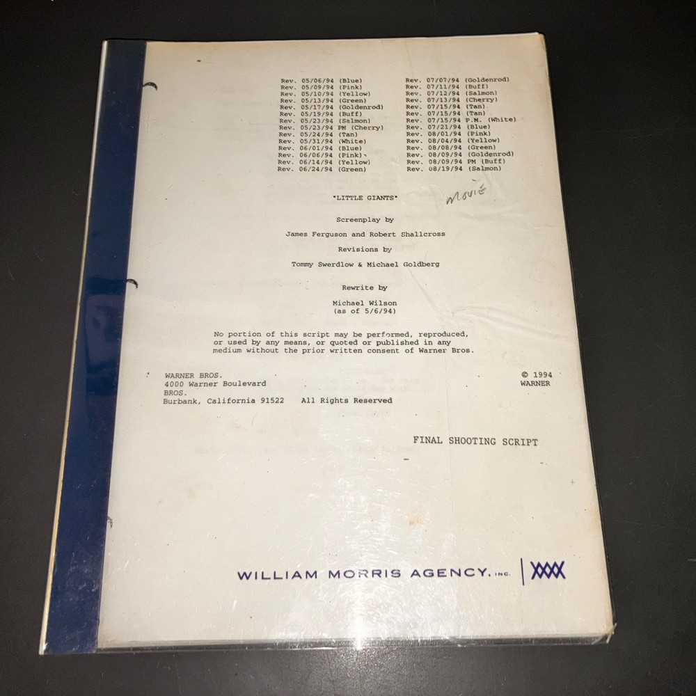 LITTLE GIANTS (1994) Final Shooting Draft / Wm. Morris Agency Script + COA