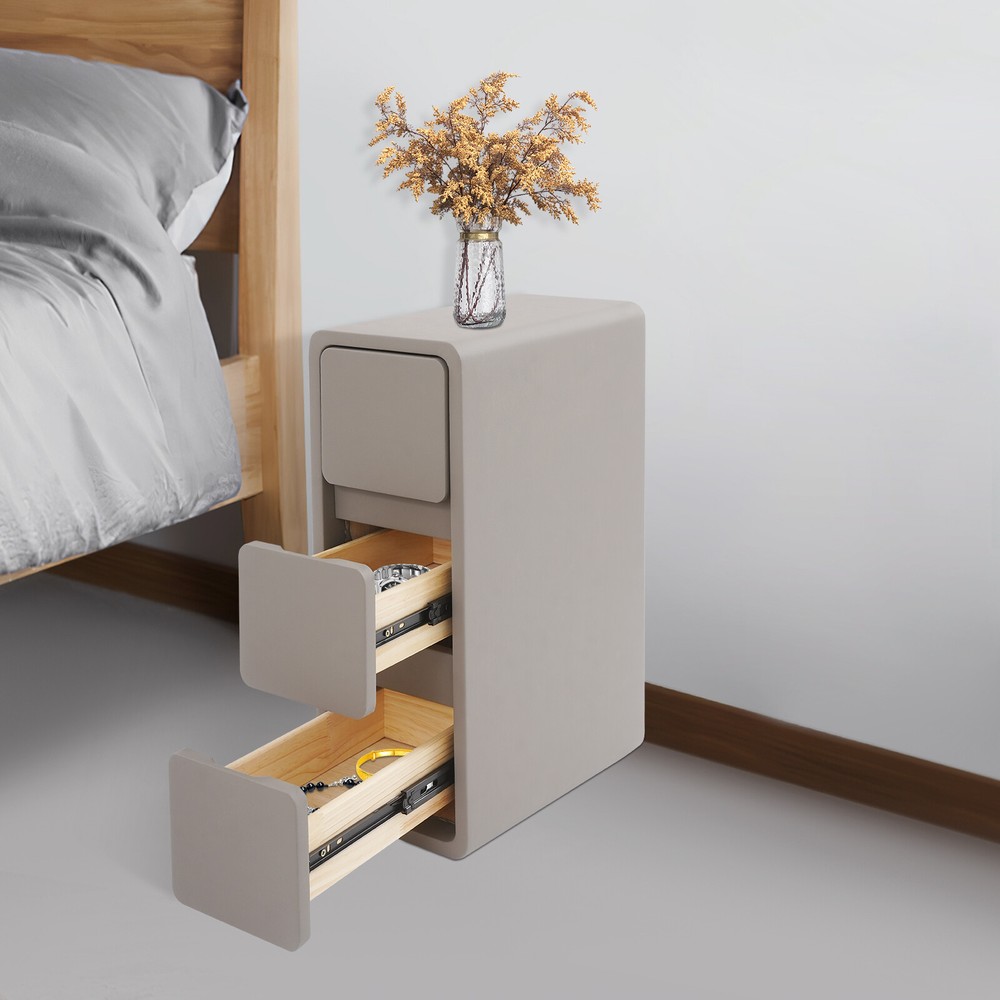 Floor Standing Bedside Table Narrow Deep Gray Storage Nightstand w/ 3-Drawer