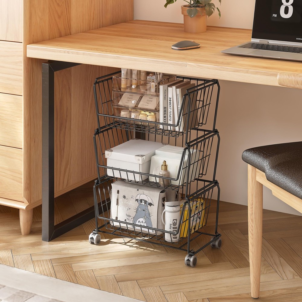 4-Tier Spacious Stackable Wire Storage Baskets with Wheels, Metal Rolling Uti...