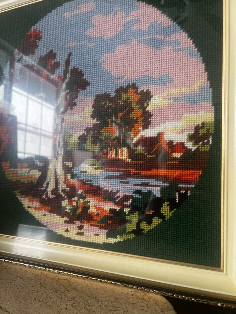HAND MADE NEEDLE POINT FLORAL WALL HANGING FRAMED IN SOLID WOOD FRAME