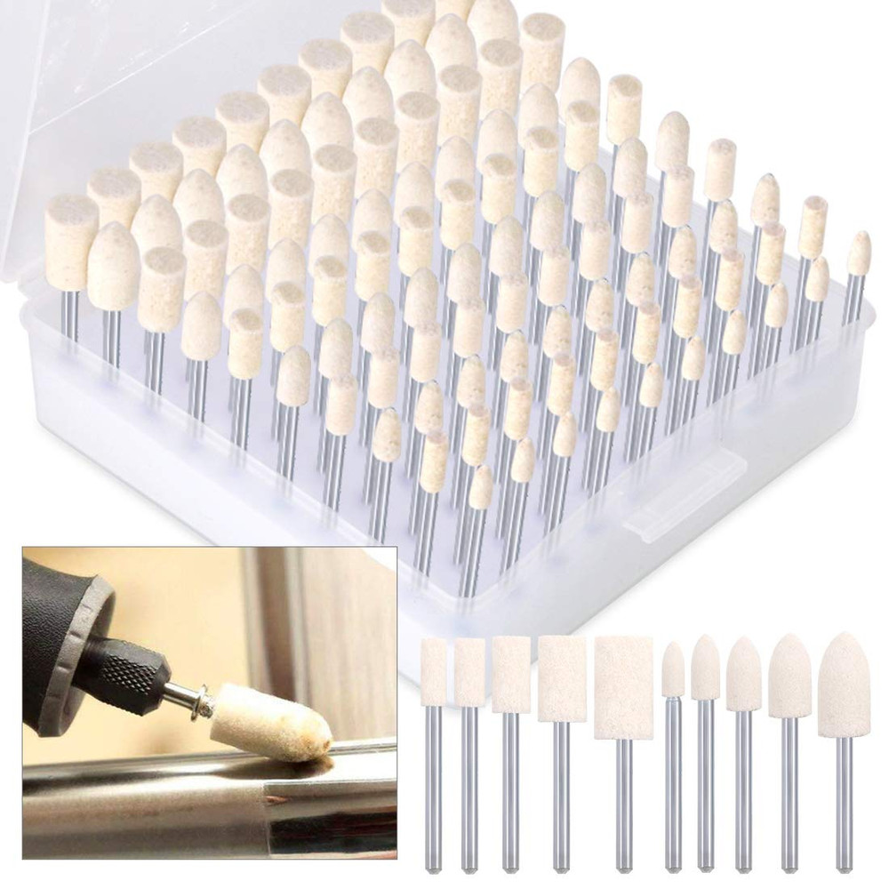 100Pcs Multifunctional Wool Felt Polishing Bits Mandrel Mounted Grinding Buffing