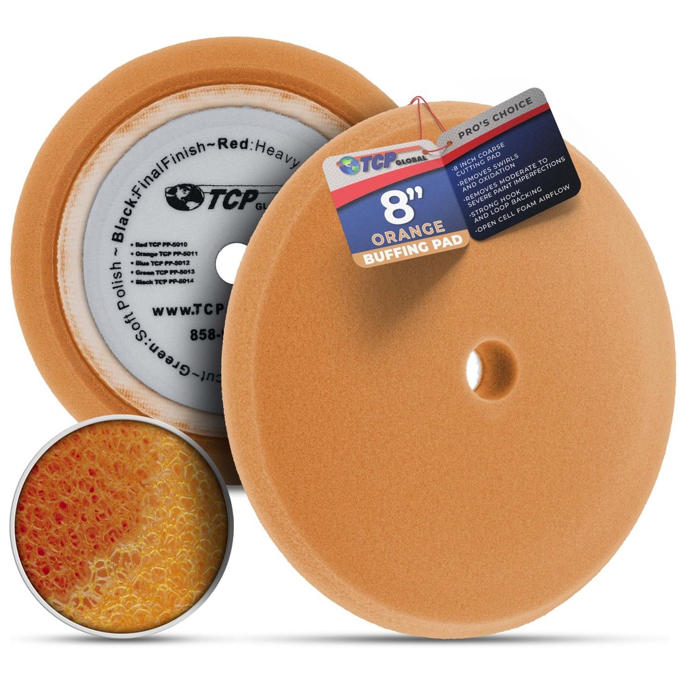 8" Orange Foam Buffing Pad Extra Coarse Cutting Polish Hook and Loop Backing ...