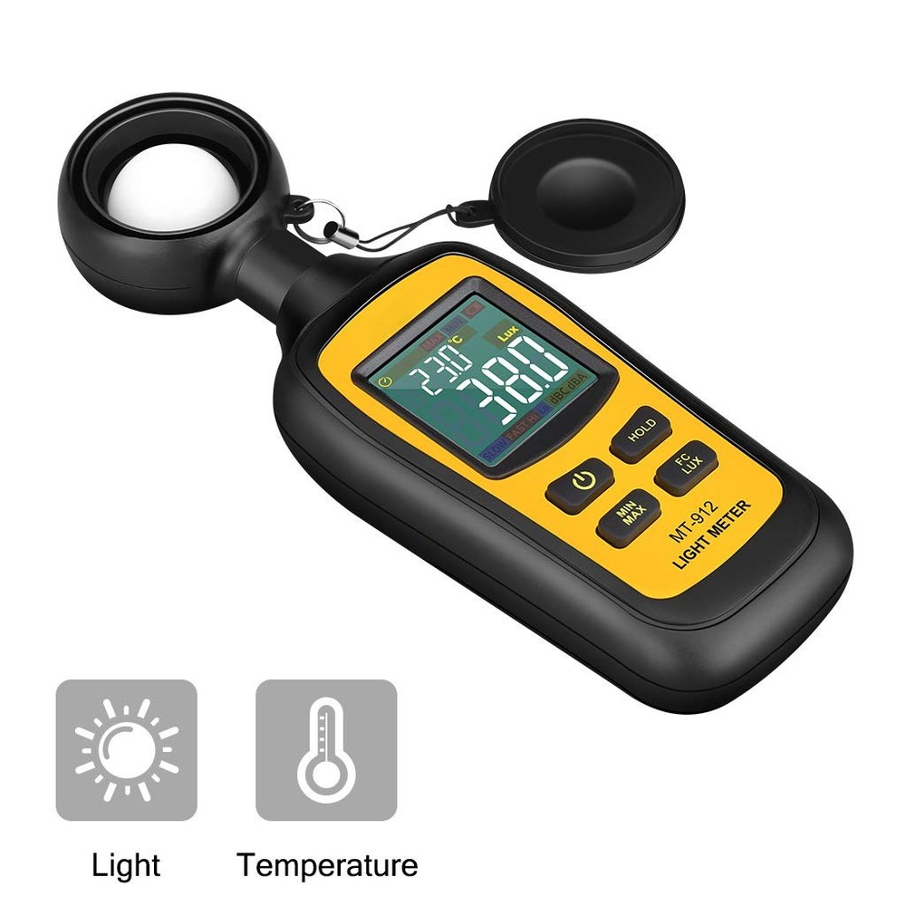 Digital Light Meter Luxmeter, 200,000 Lux Range, 4-Digit LCD, Temp Sensor
