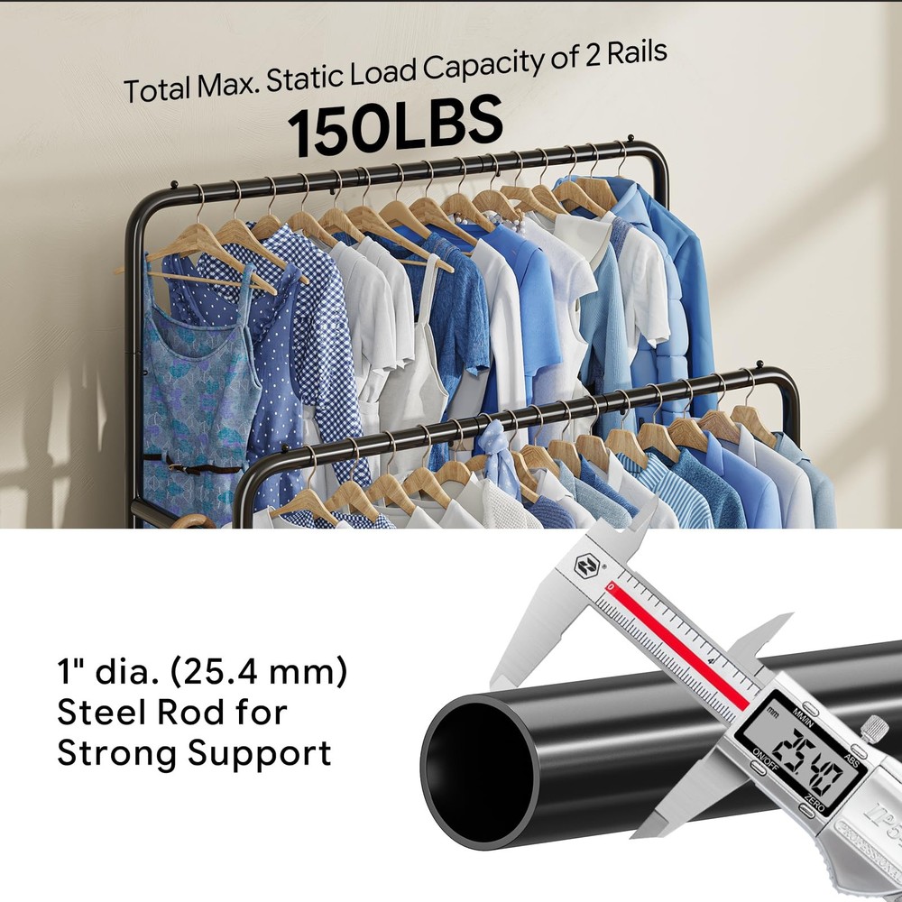 Double Rod Clothes Rack Rolling Garment Rack Black