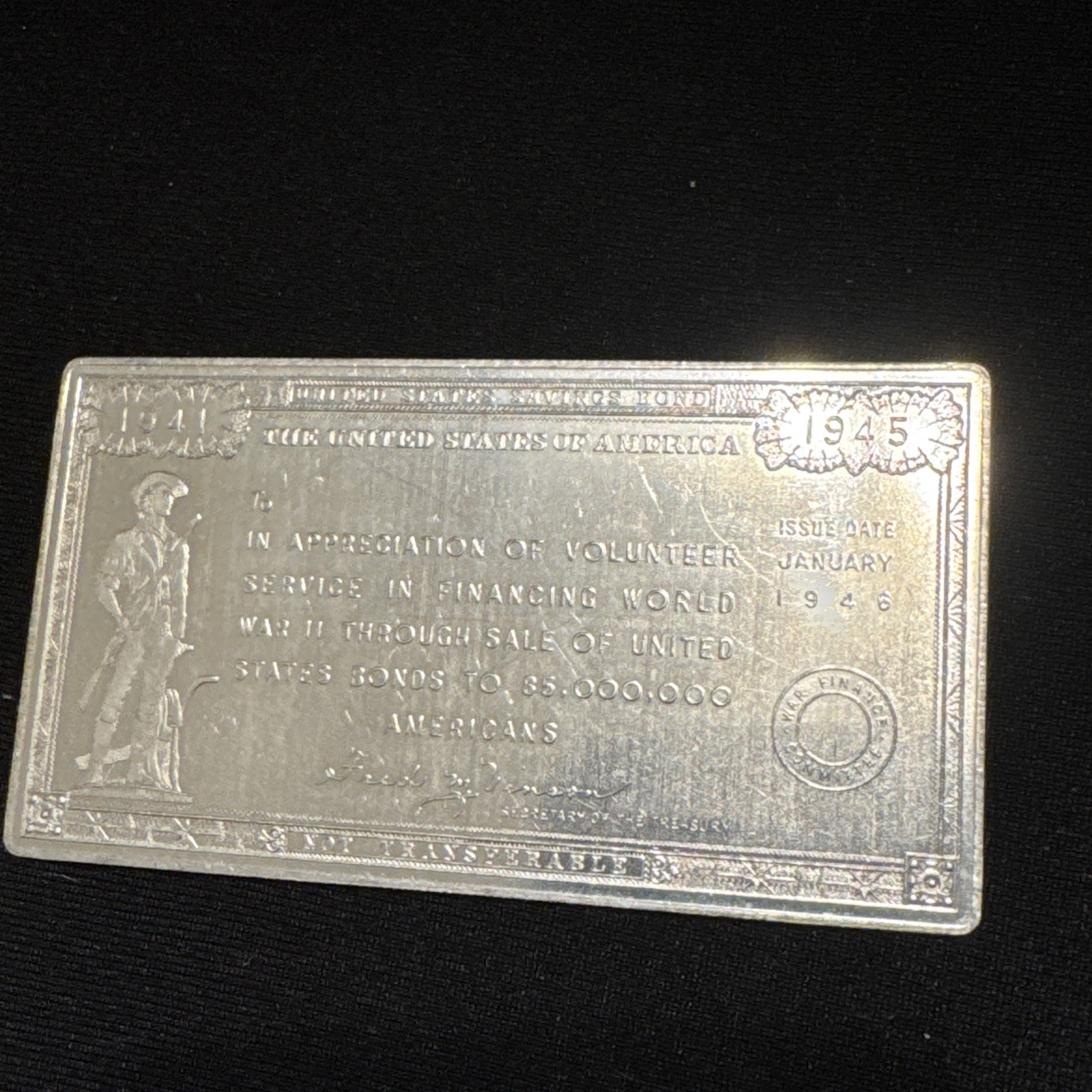 Vintage US Saving Bond Appreciation Aluminum Plaquette 1941-1945 WWII Minuteman