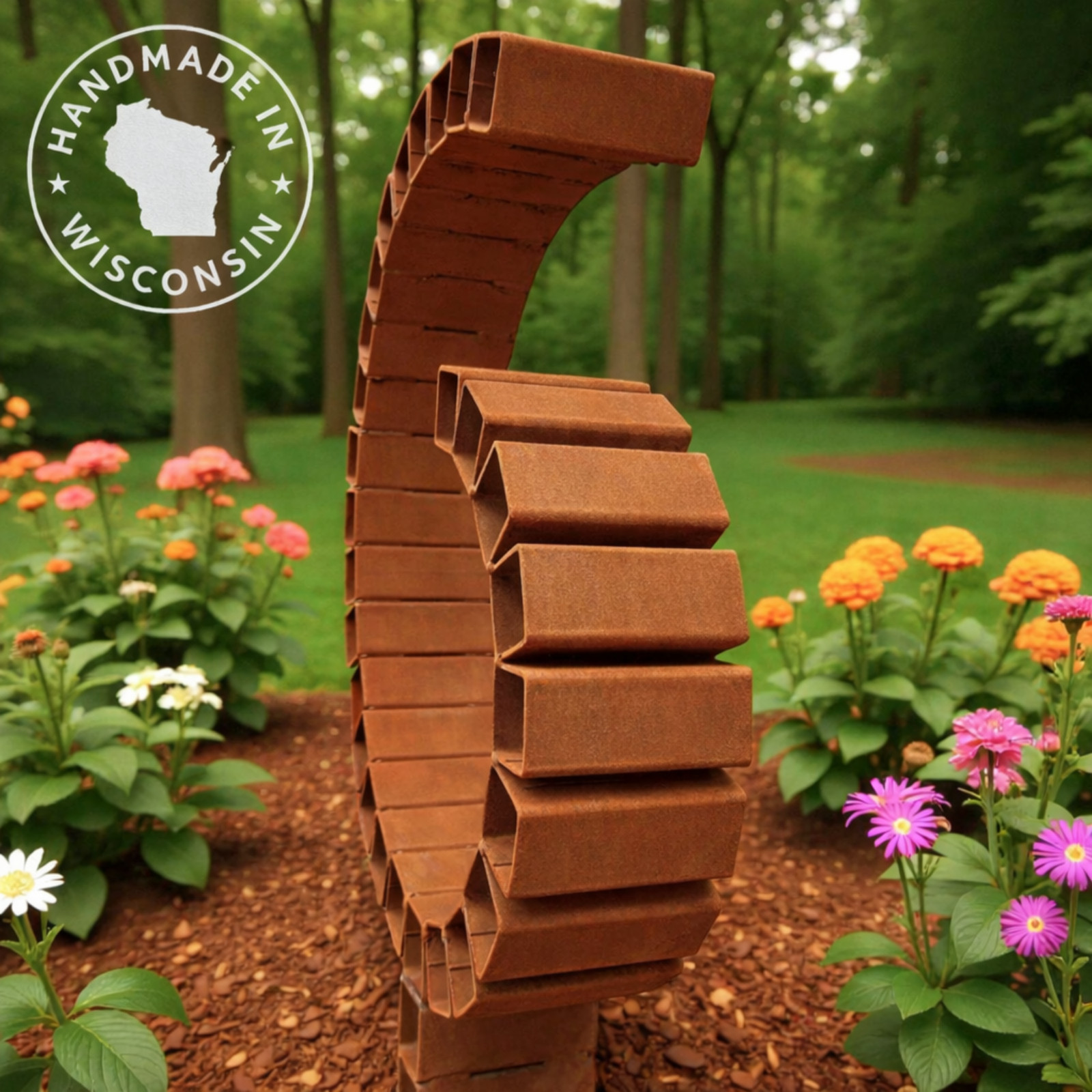 Modern Rusted Metal Garden Sculpture Outdoor Yard Art Handmade Weathered Steel