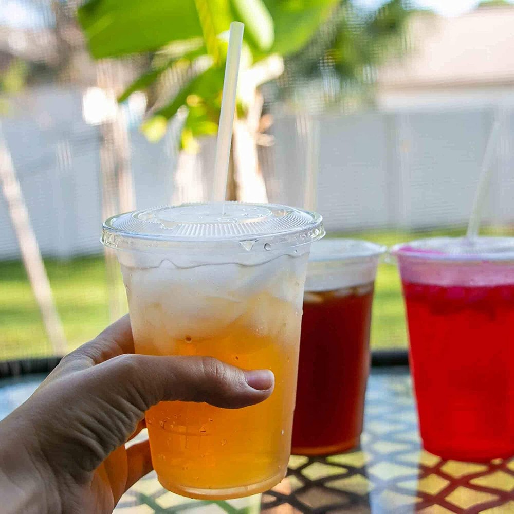 [400 Sets - 16oz.] Disposable Clear Plastic Cups with Flat Lids and Straws