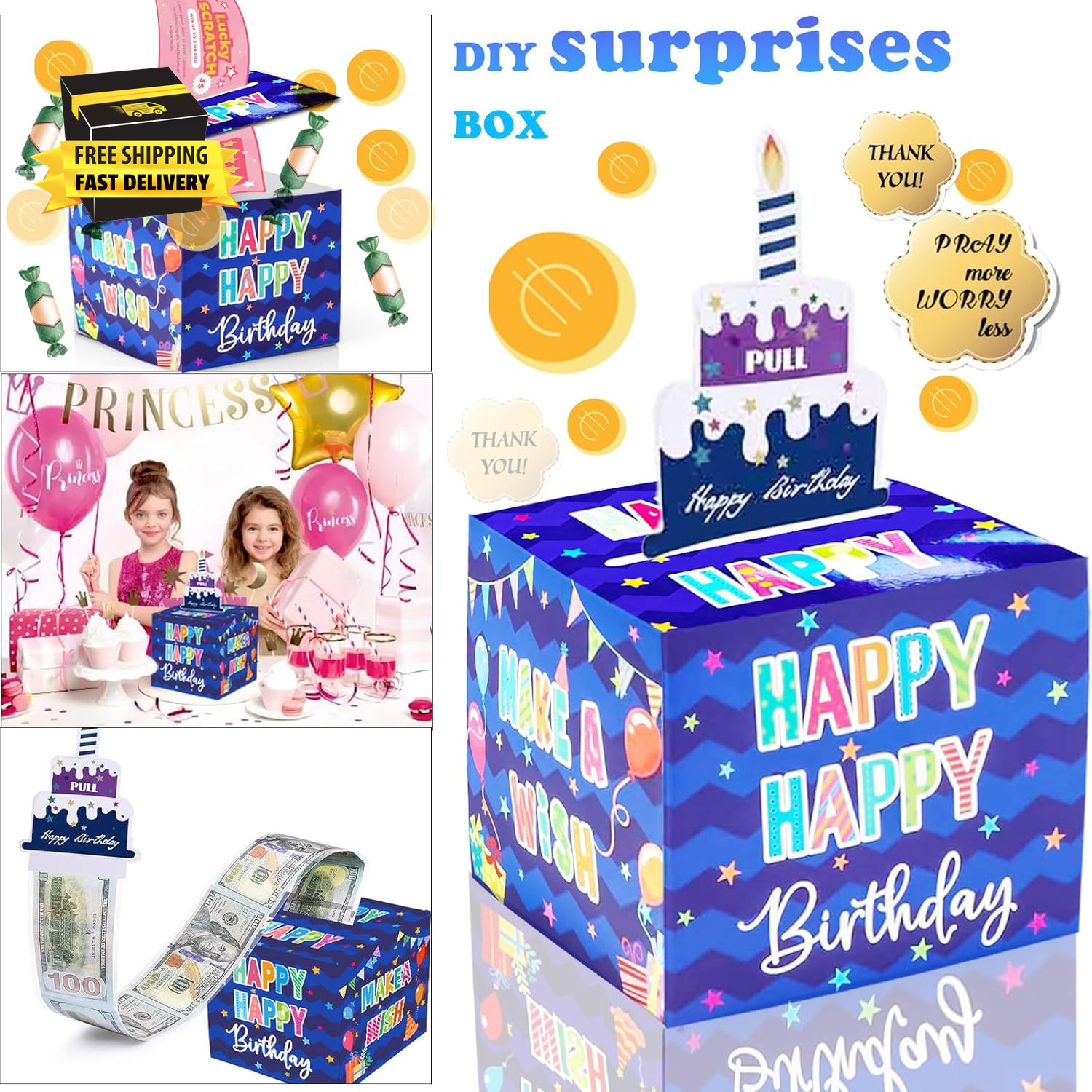 Birthday Money Box for Cash Gift Pull, Surprise Money Roll Gift Box with Pull Ou