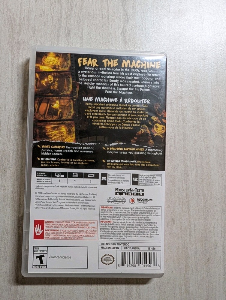 NO GAME Bendy And The Ink Machine Nintendo Switch Case