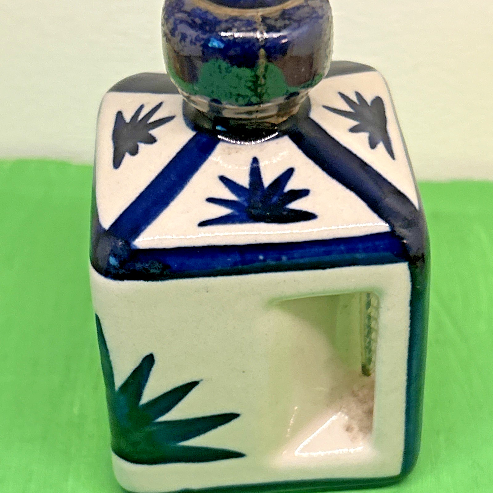 VTG Tonala Tequila Bottle Small White Blue 3" Tall Mexico Miniature "Empty"
