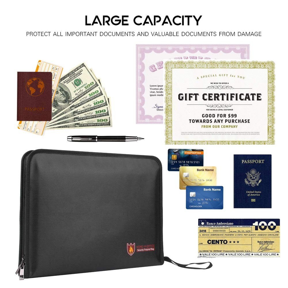 Fireproof Document Bag Fire Water Resistant A4 Size 12 Pockets Safe Holder