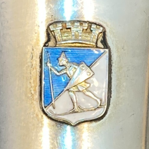 Vintage Silver Silverplate Shot Glass Cup Enamel crest coat of arms Lillehammer