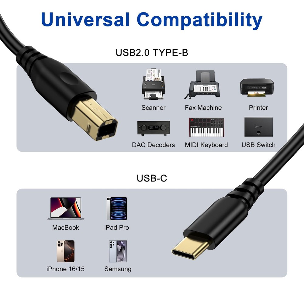 USB C Printer Cable 6FT Type C to B 6 Feet, Black