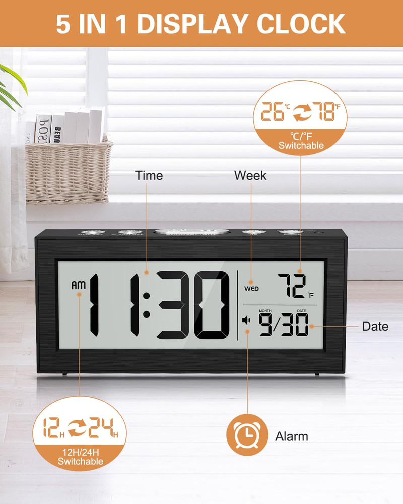 Battery Powered Digital Clock, LCD Digital Clock with Date & Temp Display, 5 Ala