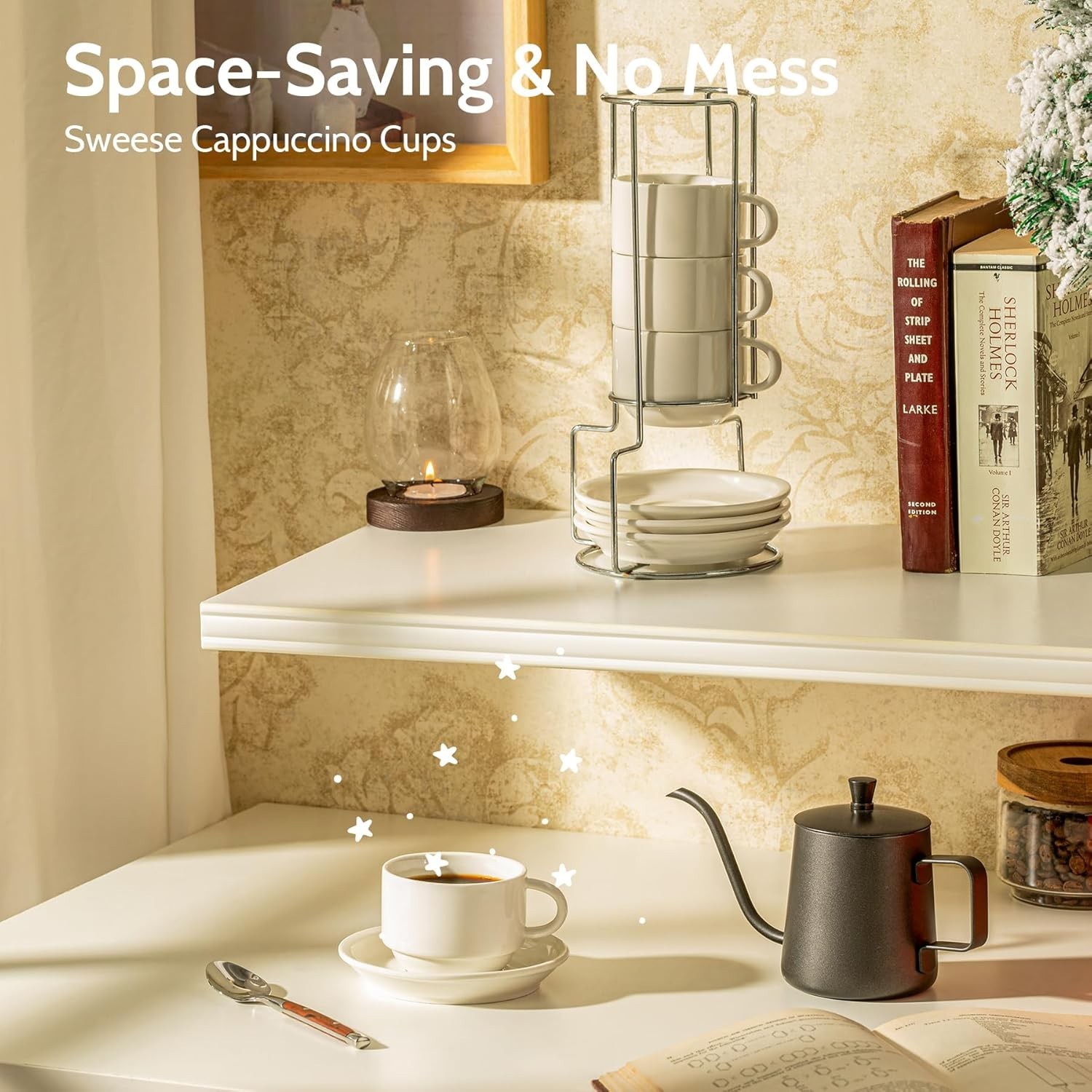 8 Ounce Porcelain Stackable Cappuccino Cups with Saucers and Metal Stand - fo...