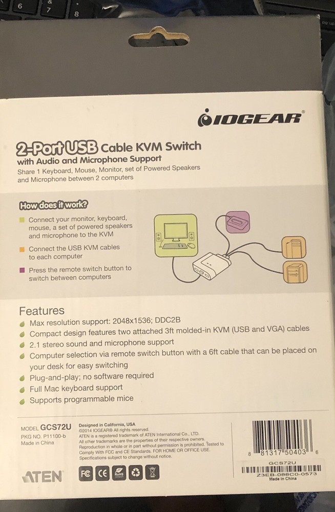 IOGEAR 2-Port USB Cable KVM Switch with Audio & Microphone Support GCS72U