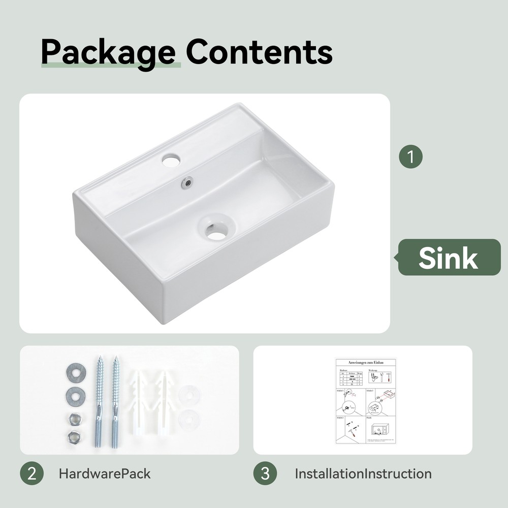 Small Vessel Sink 20"x17" Wall Mount Bathroom Sink Rectangular White Floating