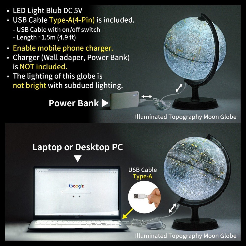 Mapsoft Explorer Illuminated Gray Moon Globe, 24cm/9.5", MI-24, Lamp, Light, Map