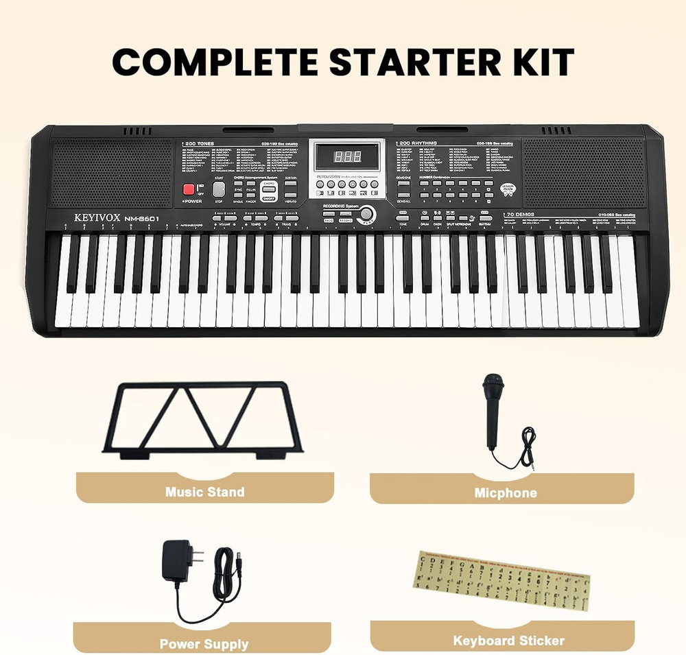 61-Key Electronic Keyboard Piano for Beginners with 200 Tones & Rhythms, Microph