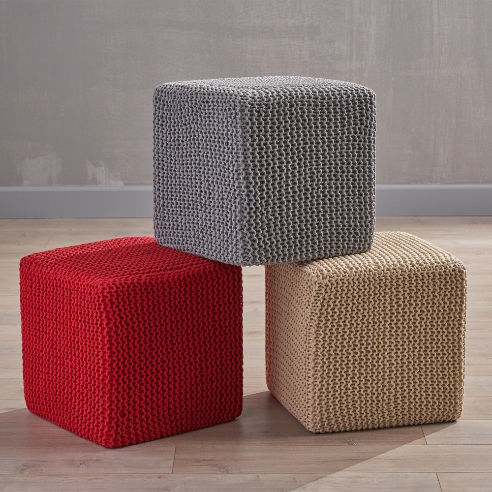Scott Modern Hand-Knitted Cotton Thread Cube Foot Stool