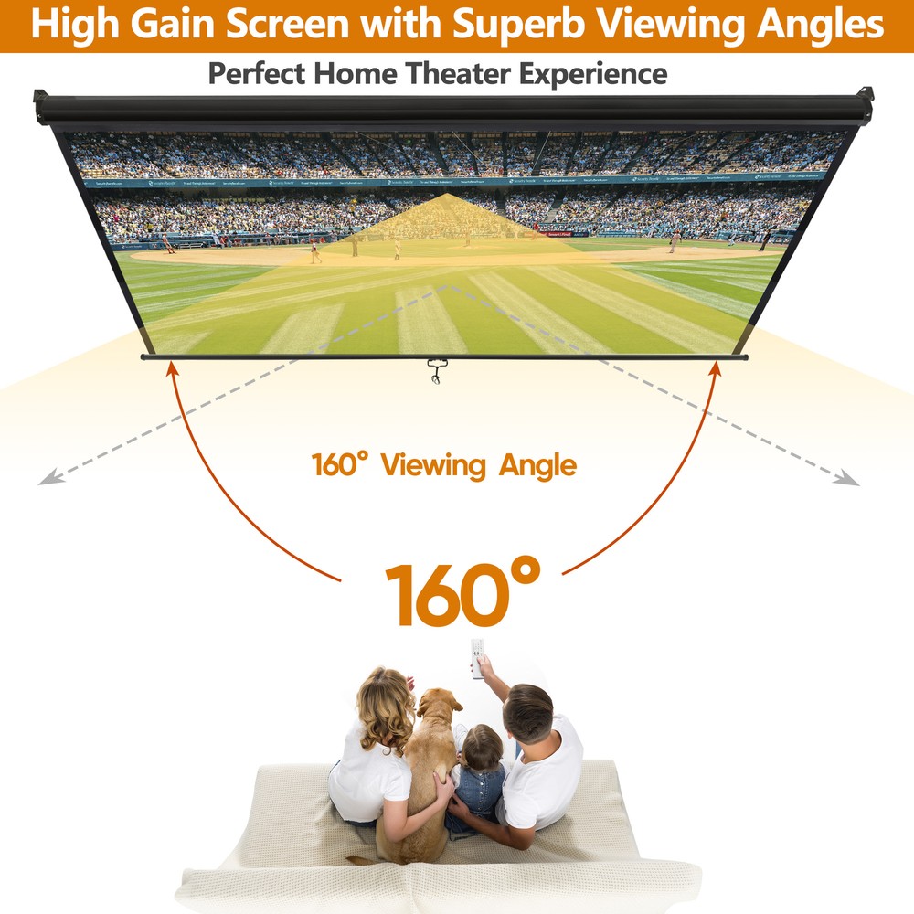 Projector Screen 72 Inch Diagonal Projection Screen Manual Pull Down 4:3HD Black