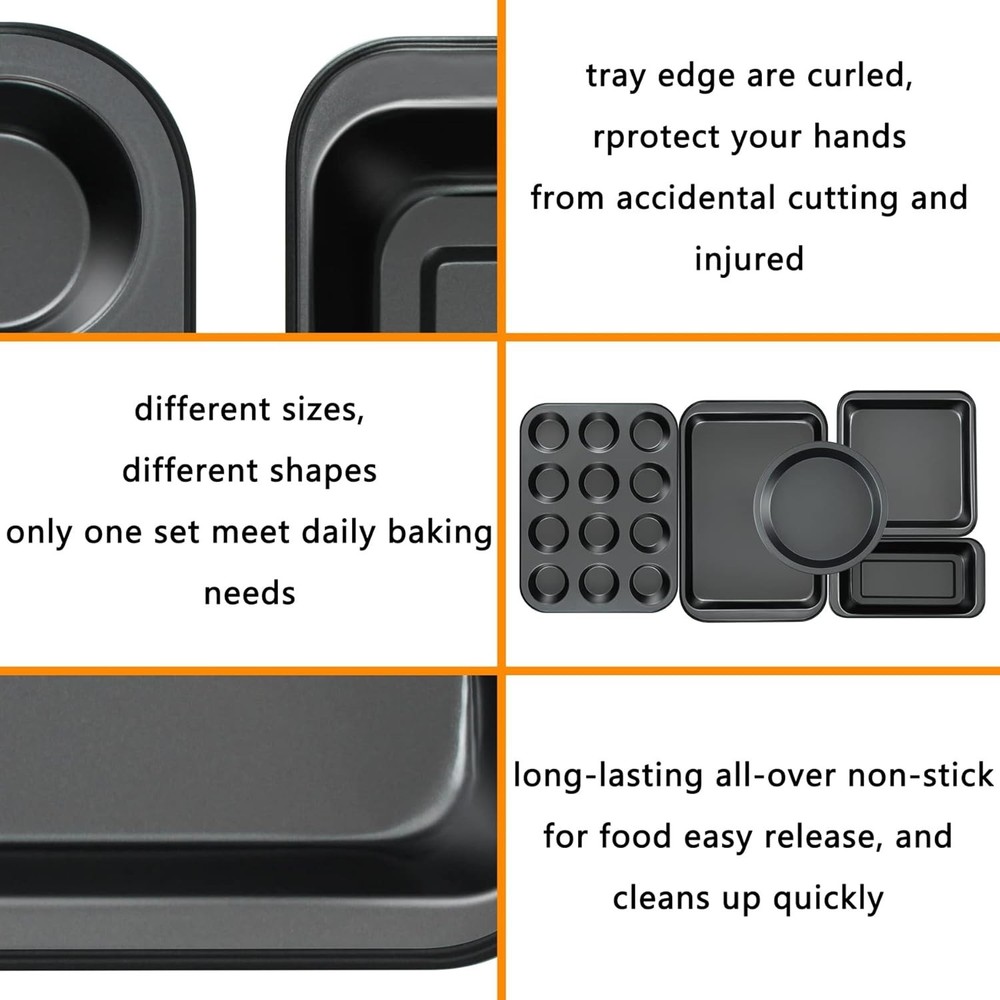 Kitchen 5-Piece Nonstick Bakeware Set - Round/Square Cake Pans, Muffin Pan, L...