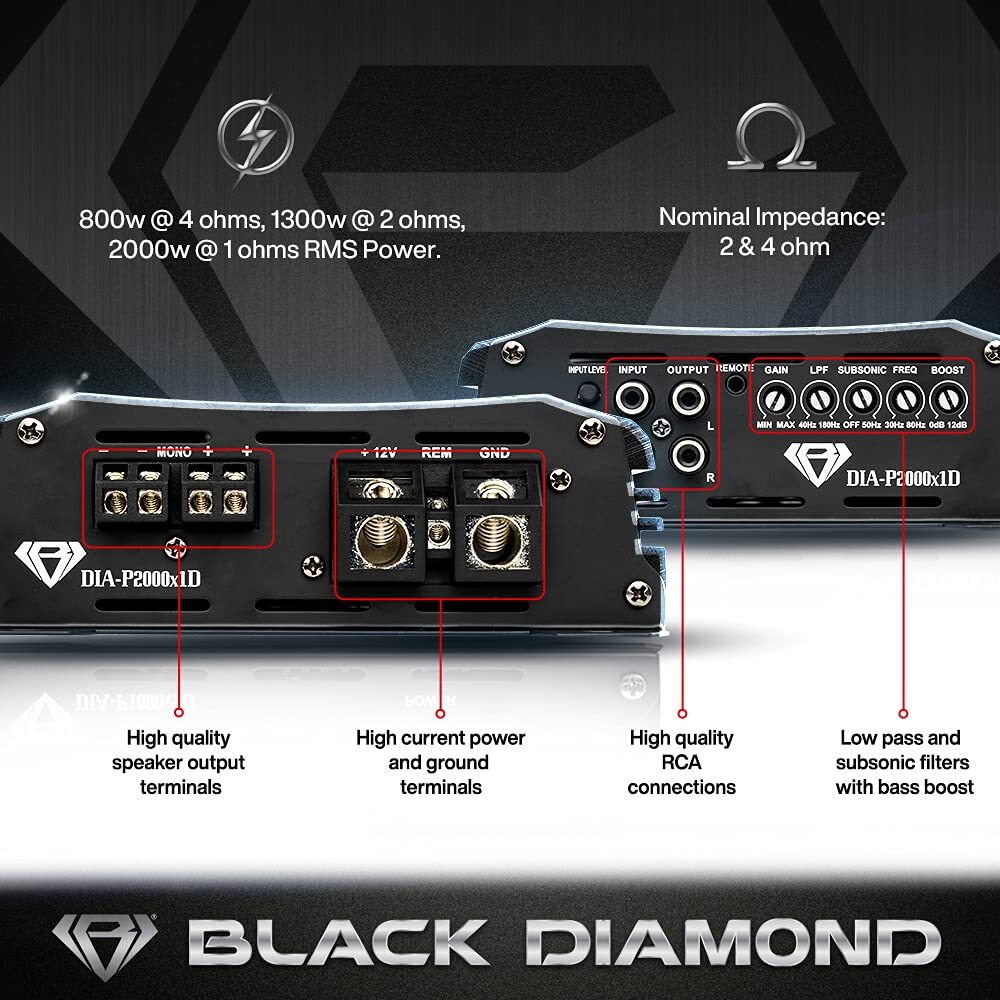 Black Diamond Car Audio Amplifier Class D 1-Channel Monoblock - DIA-P2000x1D