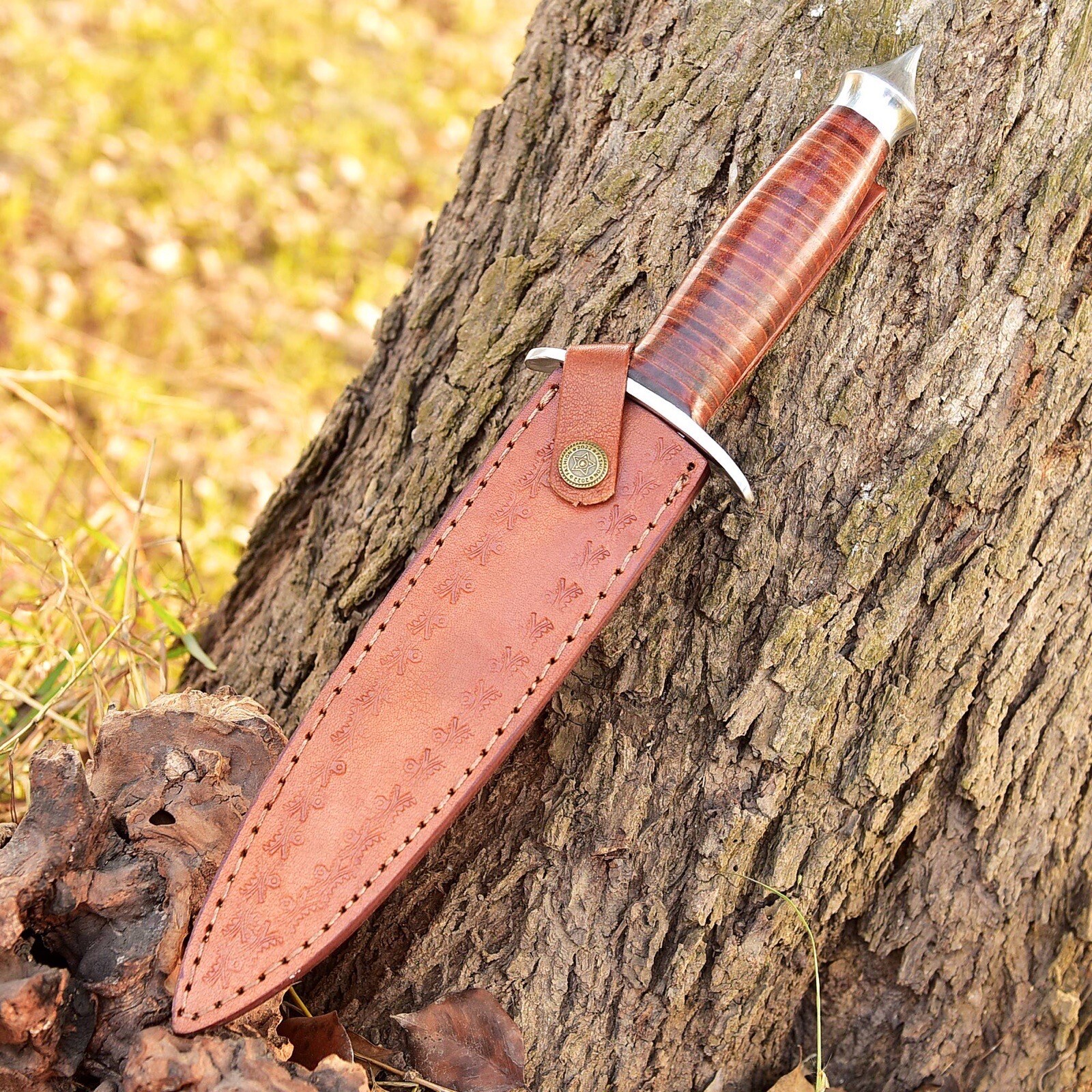 Vintage WW2 Double-Edged V42 US Military Stacked Leather Stiletto Dagger Knife