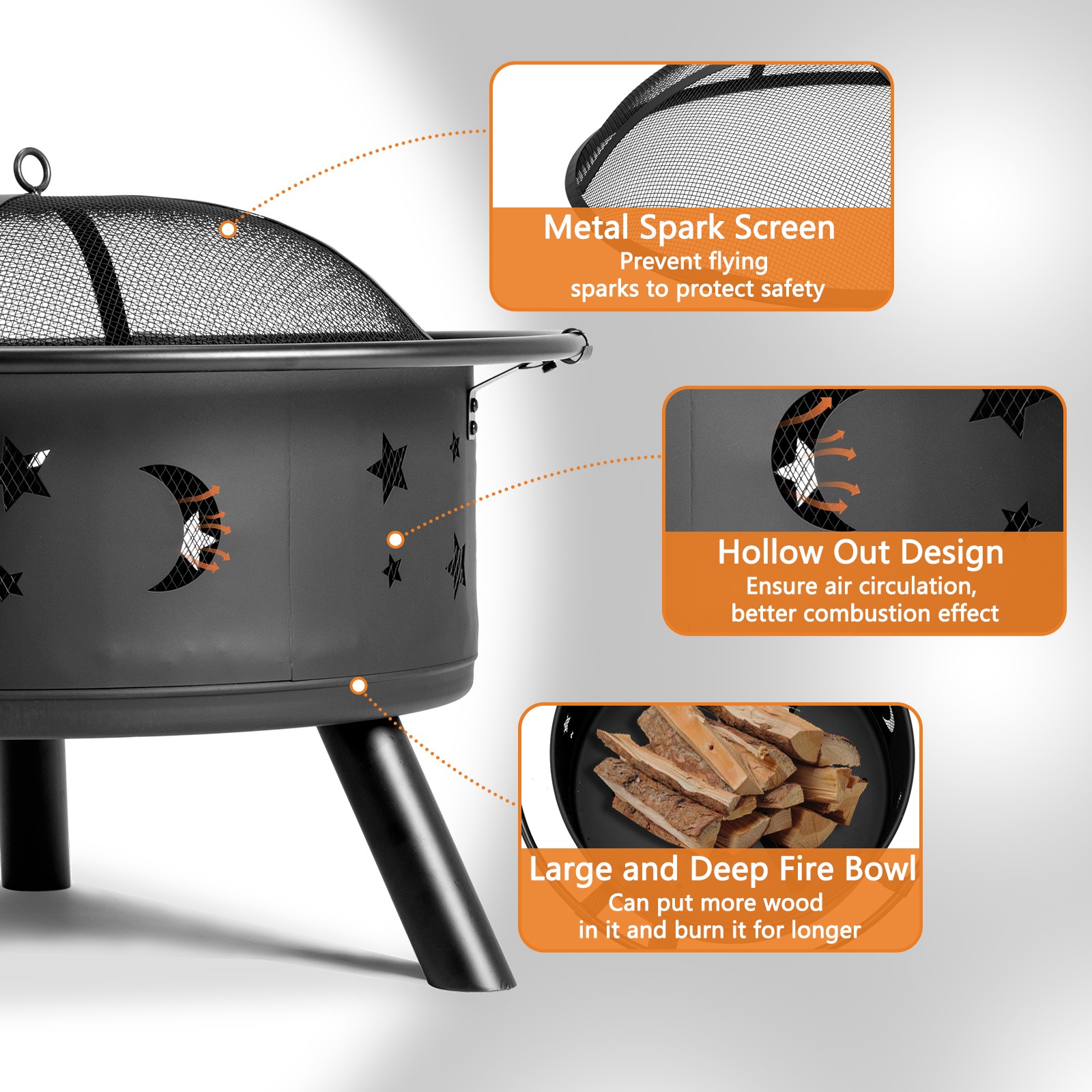 30 inch Outdoor Wood Burning Metal Fire Pit with Spark Screen, Fire Poker, Black