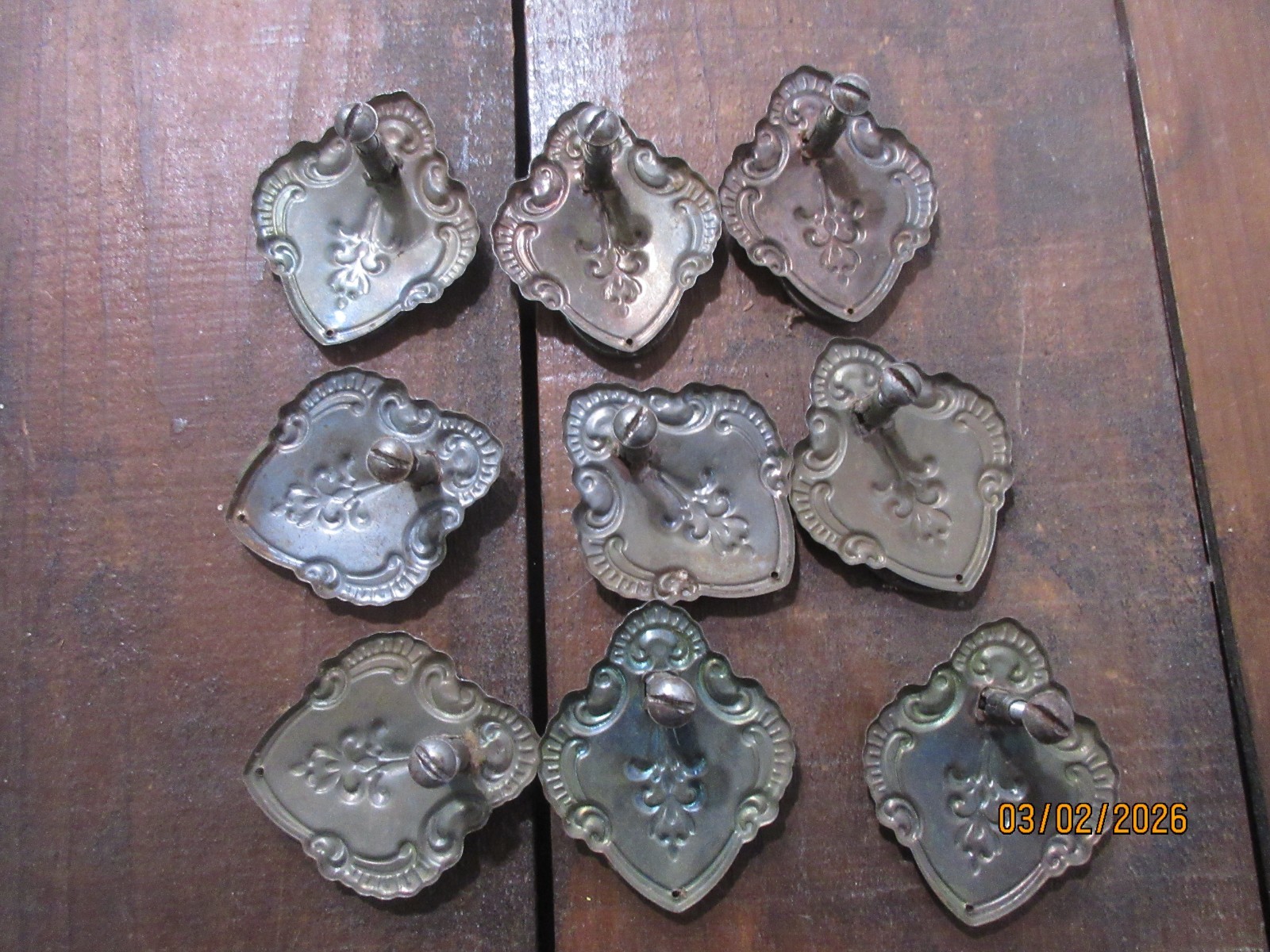 Lot of 9 Vintage Metal Back Played Ring Cabinet Door or Drawer Pulls w/Hardware
