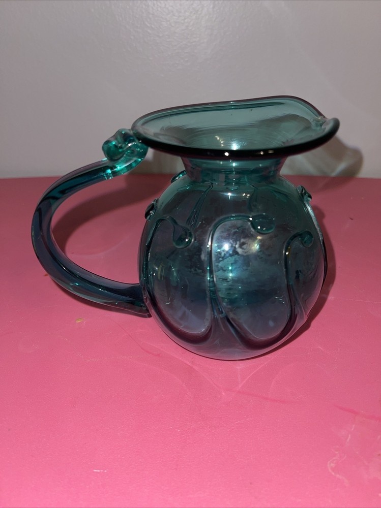Hand Blown Blue Glass Pitcher Wave Pattern 5”