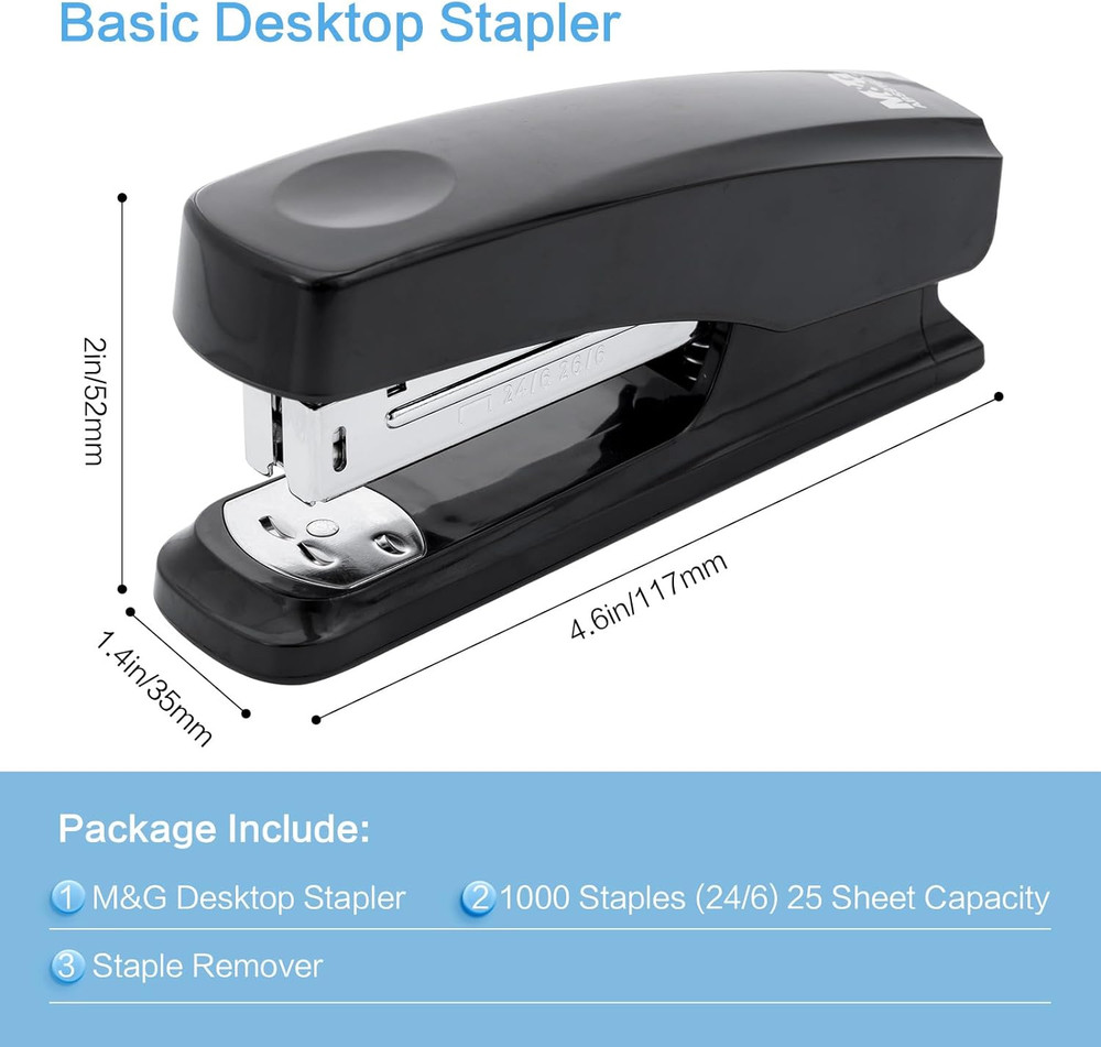 Desktop Stapler, 25 Sheet Capacity, 1000 Staples, Remover, Black