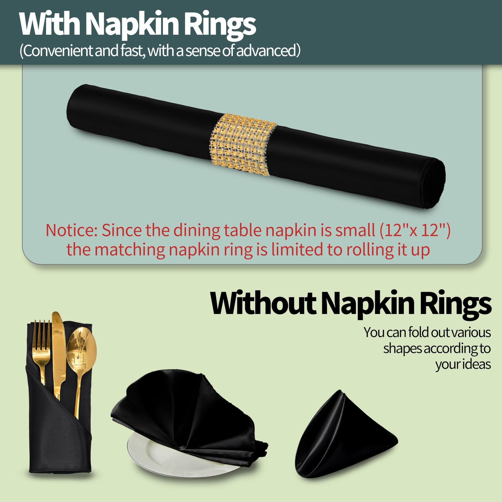 100 Pack Black Satin Napkins and Napkin Rings Set, 12 x 12 Inch Silky Soft Cl...