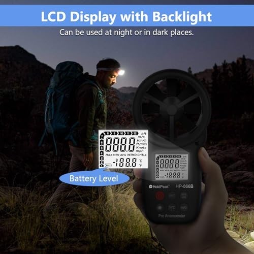 Handheld Digital Anemometer Wind Speed Meter - Measures Wind Speed, Temp & Chill