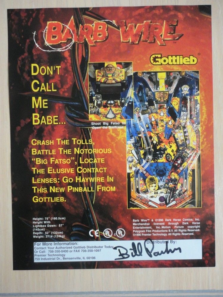 Barb Wire Pinball Machine Flyer Gottlieb Original Autographed