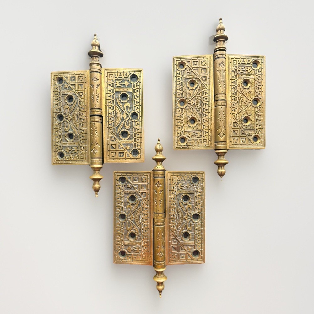 Antique 5" Solid Brass Steeple Tip Hinges (3) & Escutcheons (2) Reclaimed